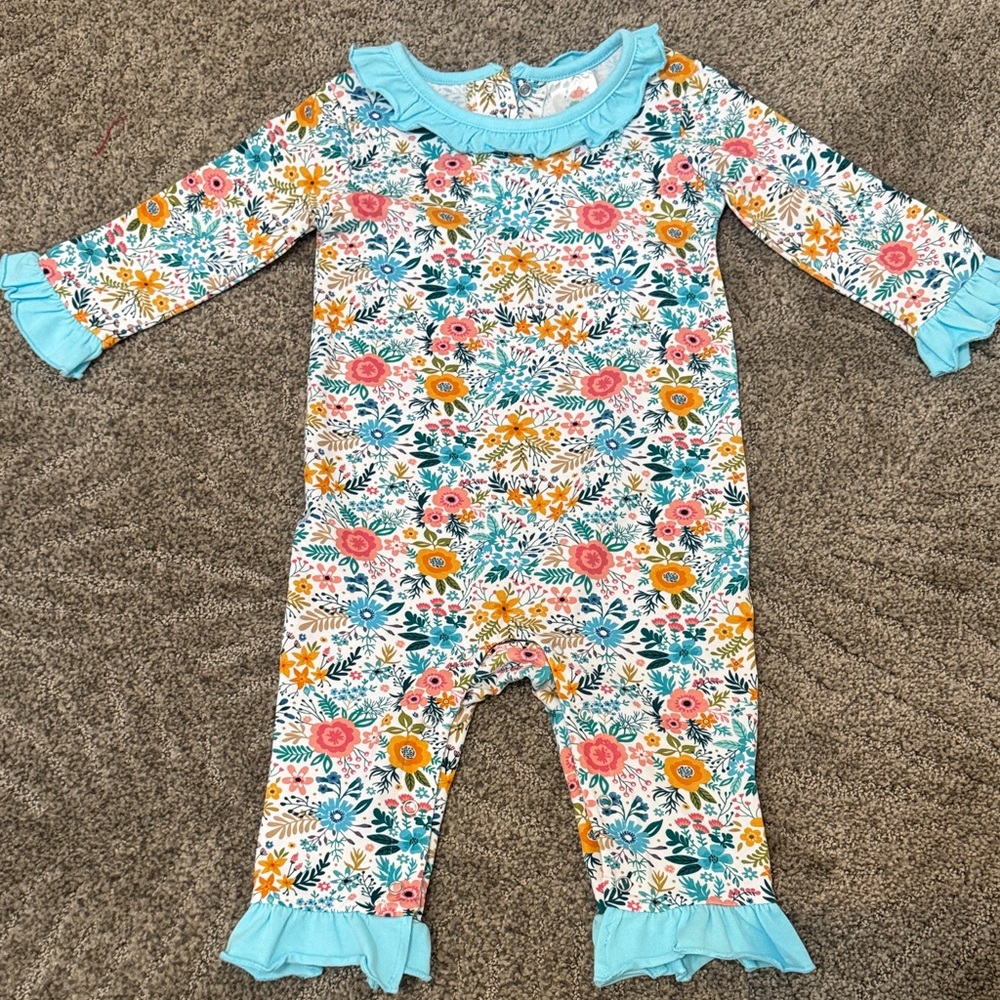 Floral Kids Footie with Blue Trim